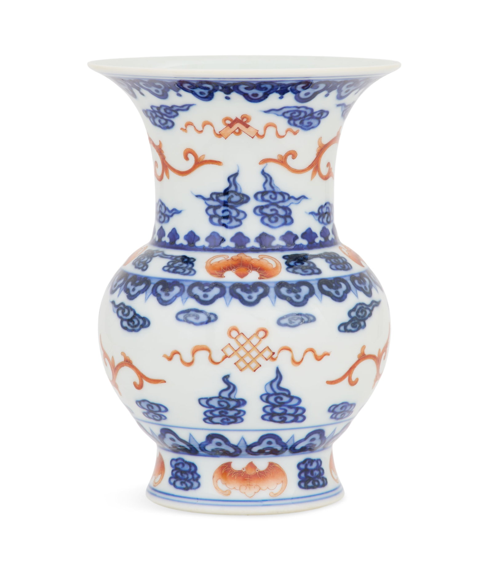 Chinese Blue-and-White and Iron-Red Vase: Chinese Blue-and-White and Iron-Red Vase Republic period (1908-1949), of squat yen-yen form, decorated in underglaze blue and iron-red with gilding as confronting winged dragons and bats among clouds.