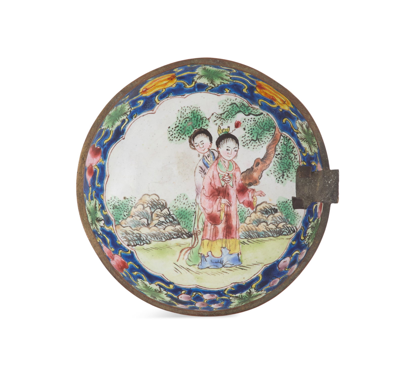 Small Chinese Canton Enamel Dish: Small Chinese Canton Enamel Dish 19th century, decorated with polychrome enamel figures, the cobalt border decorated with squash vines, with a side bracket. h. 1", dia. 3"