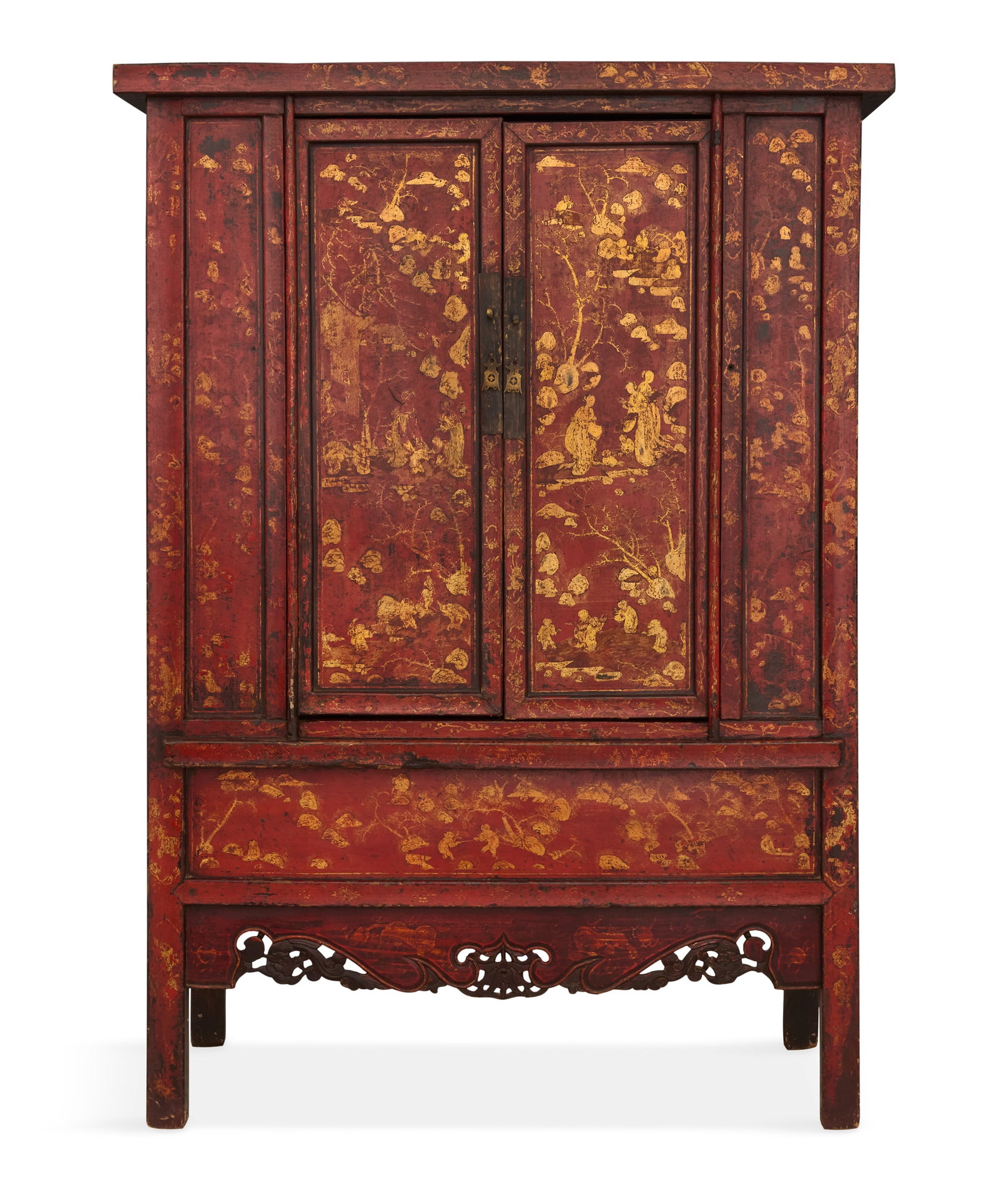 Large Chinese Polychrome Cabinet: Large Chinese Polychrome Cabinet 20th century, the overhanging cornice above a case fitted with two cupboard doors over a paneled frieze with a pendant foliate-carved and pierced apron, raised on bloc