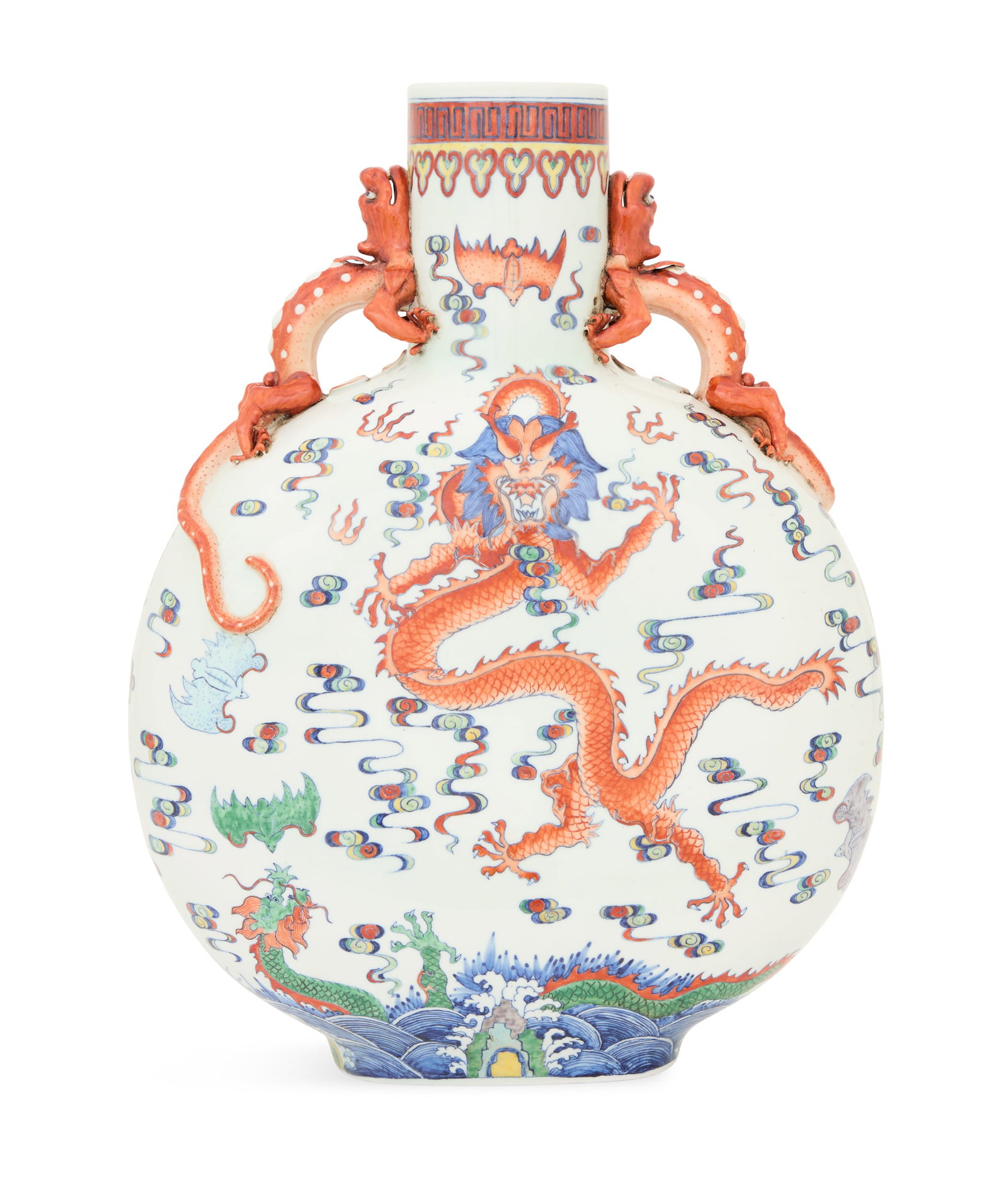Large Chinese Polychrome Porcelain Moon Flask: Large Chinese Polychrome Porcelain Moon Flask 20th century, with molded dragon handles, the body decorated with dragons, bats and clouds on a white ground, the bottom with apocryphal Yongzheng charact