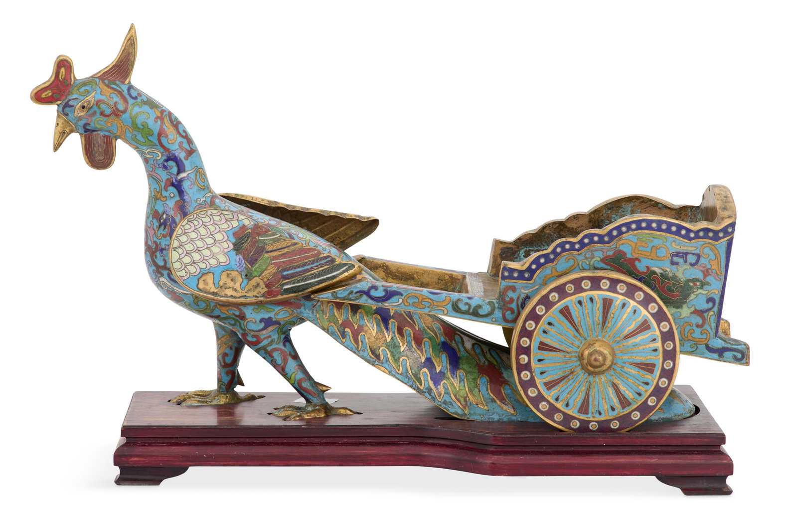 Unusual Chinese Cloisonne Figural Cart on Stand: Unusual Chinese Cloisonne Figural Cart on Stand 20th century, with a brass interior, the body decorated with lotus blossoms on a turquoise ground, the brass-rimmed wheels with mauve trim, on a wooden 