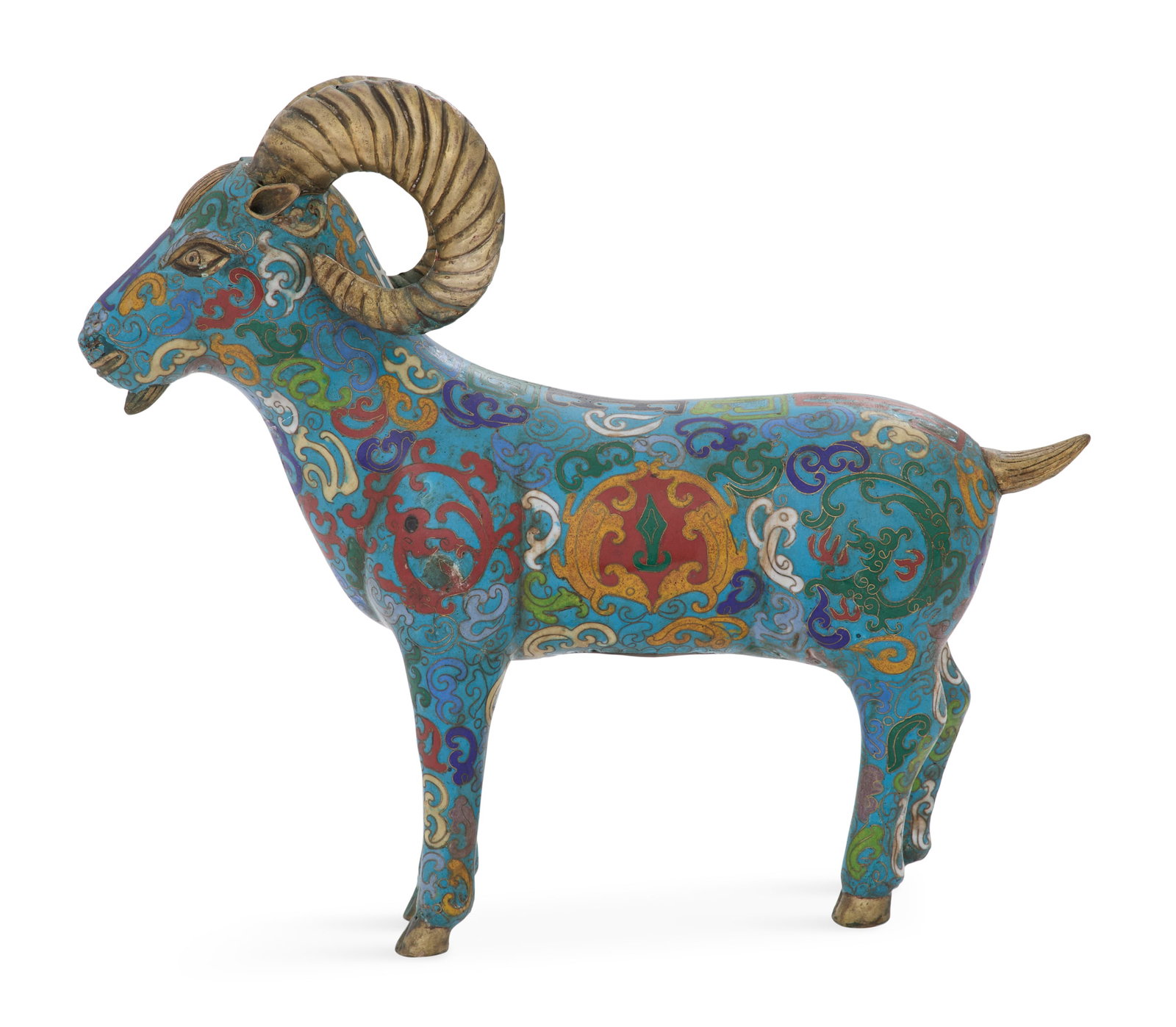 Chinese Cloisonne Ram: Chinese Cloisonne Ram 20th century, with brass horns and tail, the body decorated with polychrome scrollwork on a turqouise ground. h. 12", w. 3", l. 13"
