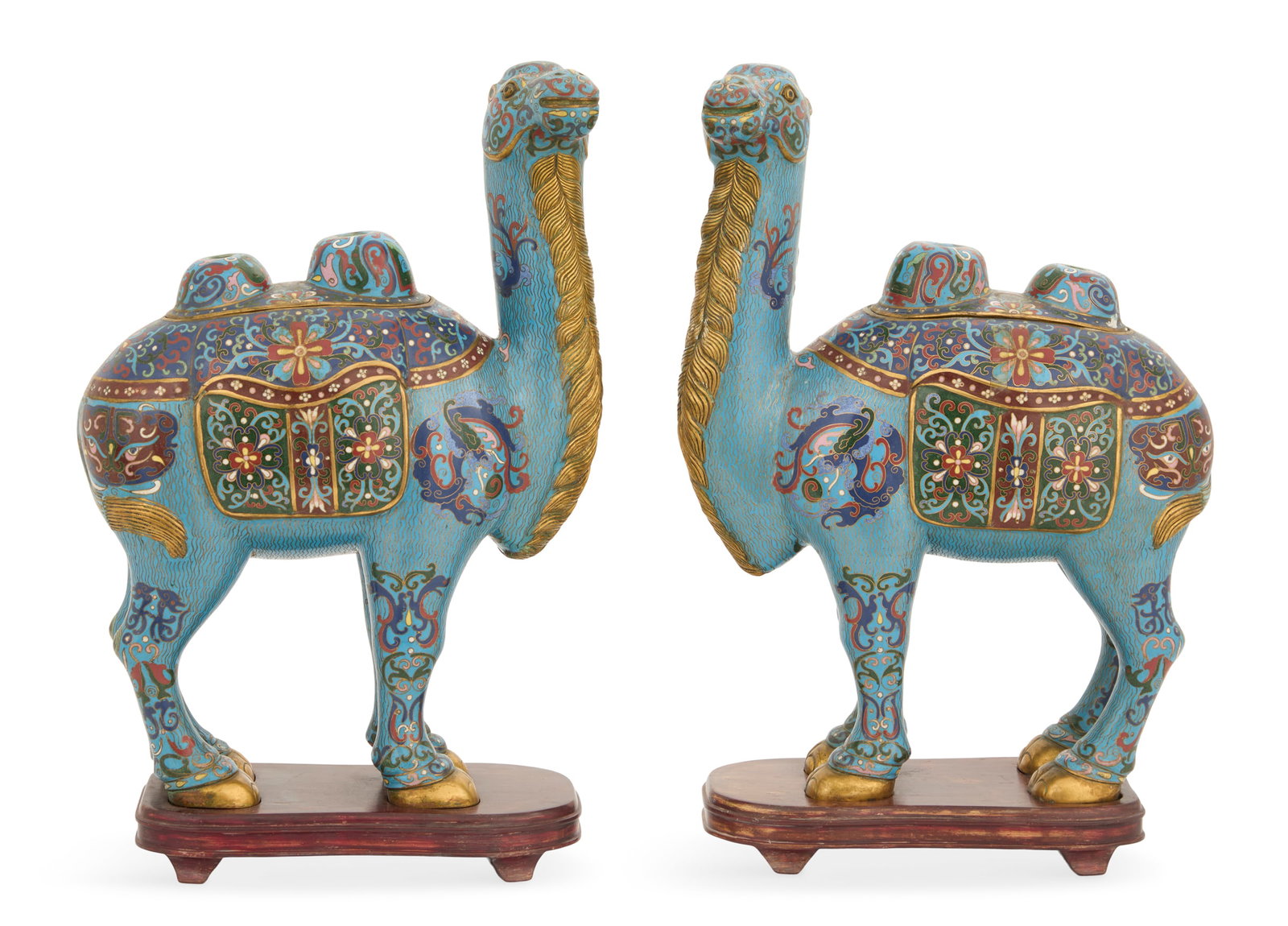 Pair of Chinese Cloisonne Camels: Pair of Chinese Cloisonne Camels decorated with polychrome scrollwork on a turquoise ground, the manes molded in brass, the tops with removable covers, on carved wooden bases. h. 18-1/2", w. 10-3/4", 