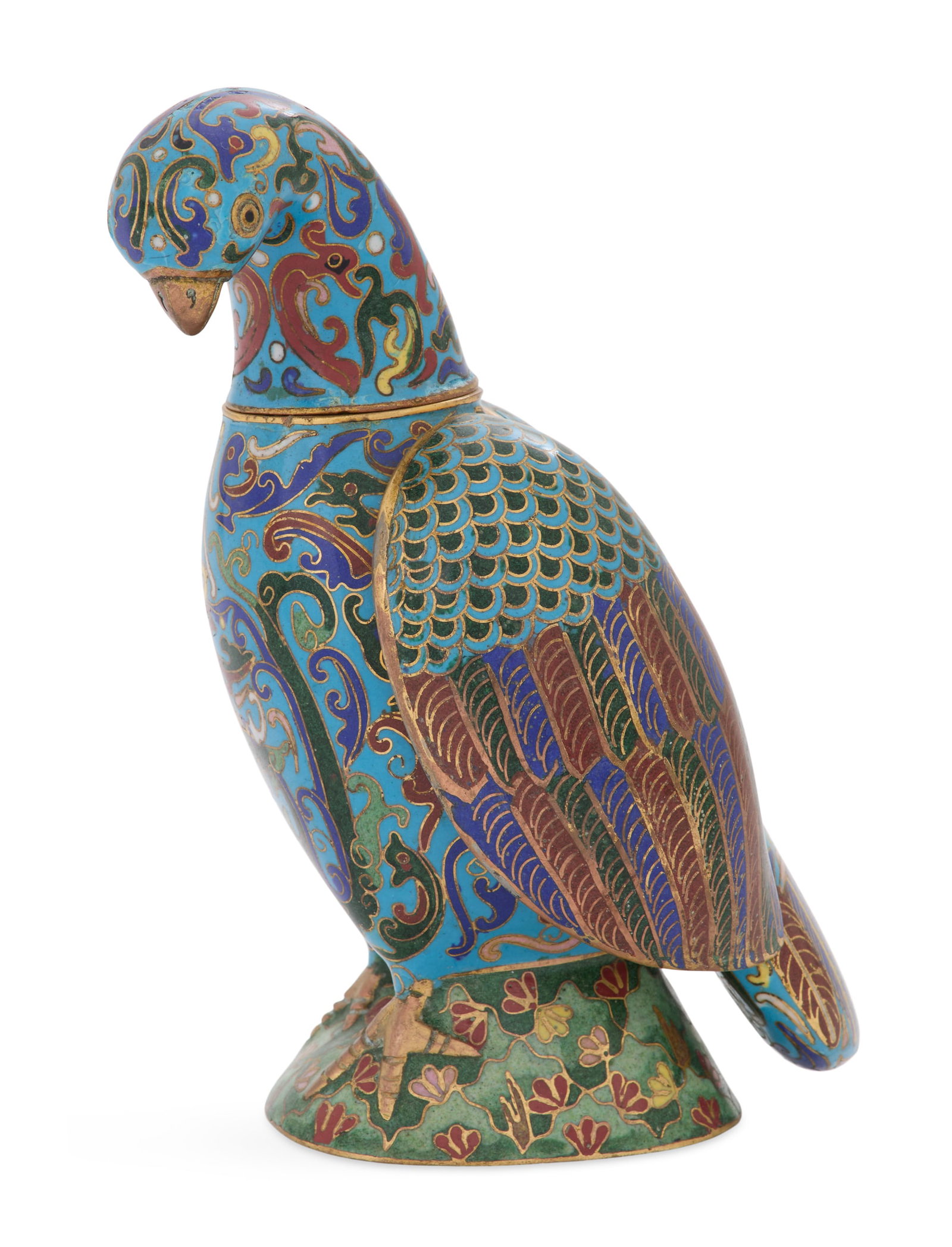 Chinese Cloisonne Quail: Chinese Cloisonne Quail 20th century, the quail with a removable head, the wings decorated with cobalt, red and green feathers, the body with polychrome scrollwork on a turquoise ground. h. 7", w. 4",