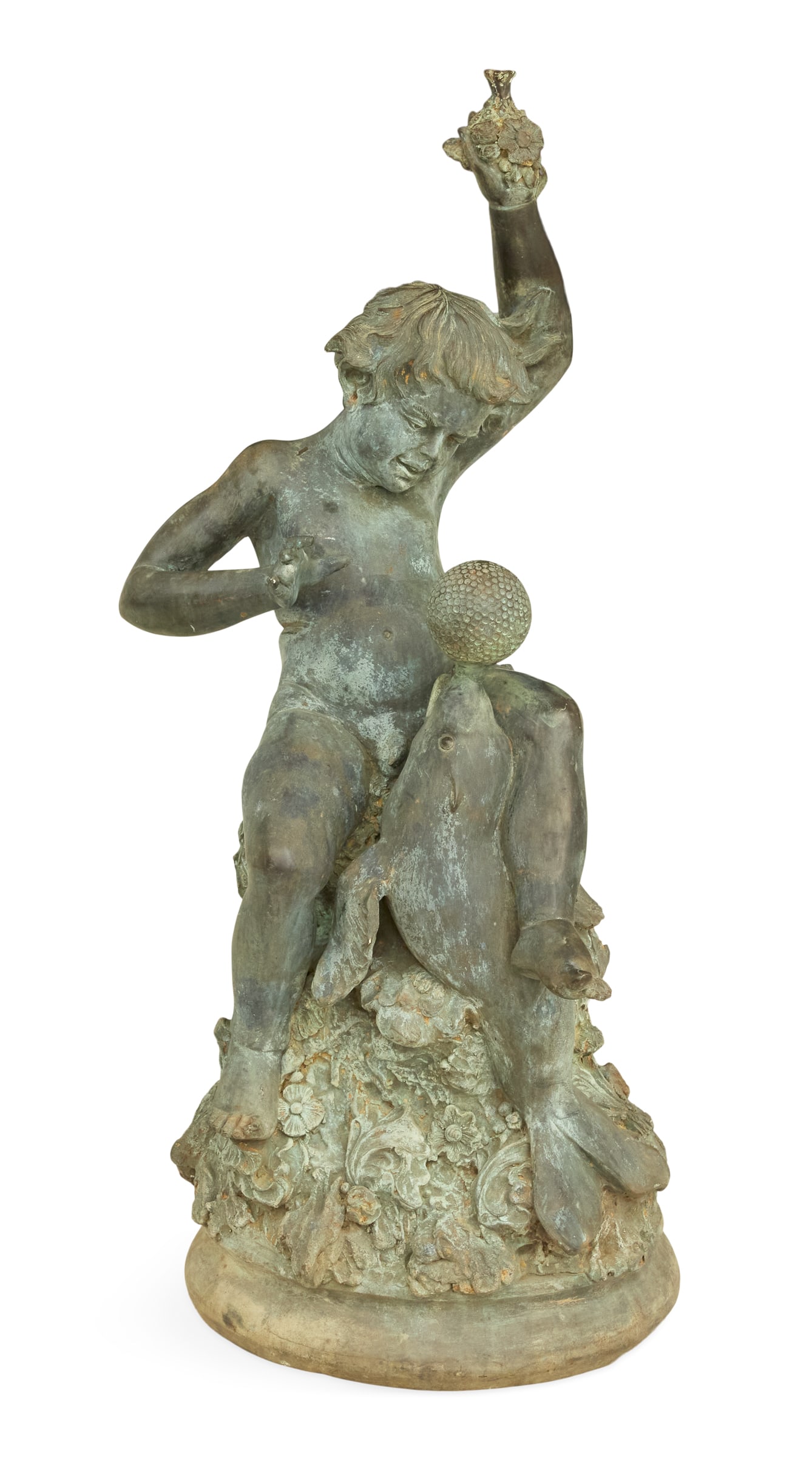 Patinated Bronze Figural Fountain: Patinated Bronze Figural Fountain 20th century, modeled as a seated putto playing with a porpoise balancing a ball on its nose, the putto's raised arm and the porpoise's mouth piped for water. h. 51-1