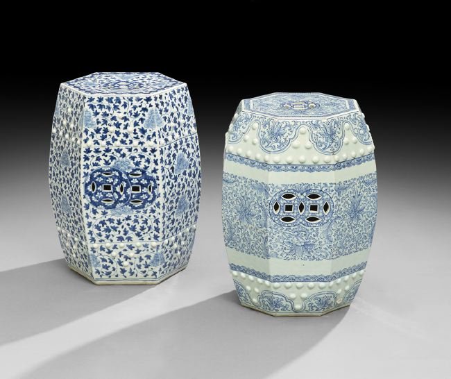 Two Chinese Export Porcelain Garden Seats: Two Chinese Export Porcelain Hexagonal Garden Seats, one decorated with dark meandering vines and lotus flowers, h. 19-1/4", dia. 14", and the other decorated with outlined lotus flowers and scrollwor