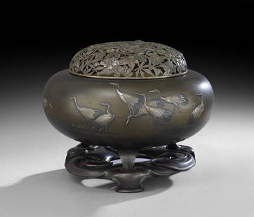 Japanese Mixed-Metal Incense Burner: Japanese Mixed-Metal Incense Burner, Meiji period (1868-1912), signed "Nogawa" on the base, the mixed metal work and bronze body with cranes in silver, copper and Shakudo, the ornately carved and chas