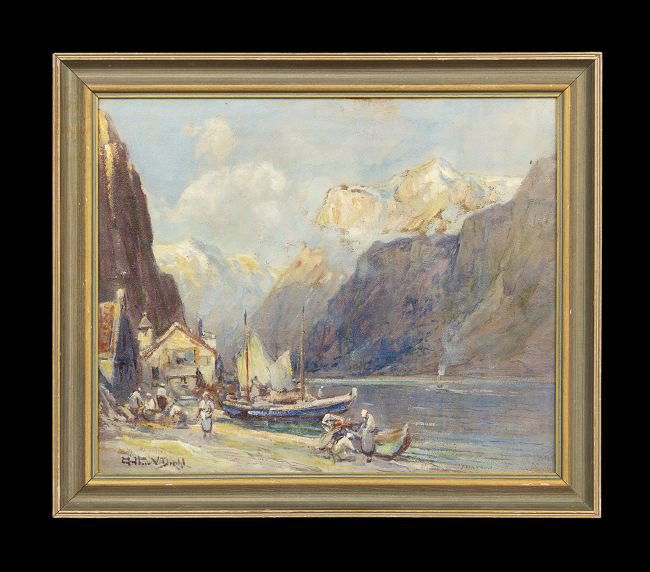 Arthur Vidal Diehl (American, 1870-1929): Arthur Vidal Diehl (American, 1870-1929), "Norwegian Fjord", oil on board, signed lower left, titled en verso, 18-1/4" x 22". Framed.