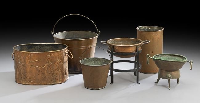 Six-Piece Collection of Continental Copperware: Six-Piece Collection of Continental Copperware, 19th century, comprised of a French confiture pan with two handles and dovetailed construction, resting on an iron stand of later origin, h. 16-1/2", w.