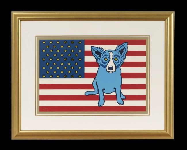 George Rodrigue (American/Louisiana, b. 1944): George Rodrigue (American/Louisiana, b. 1944), "Red, White and Blues", silkscreen, signed and numbered lower left "9/100", sight 24" x 34". Glazed, matted and framed.
