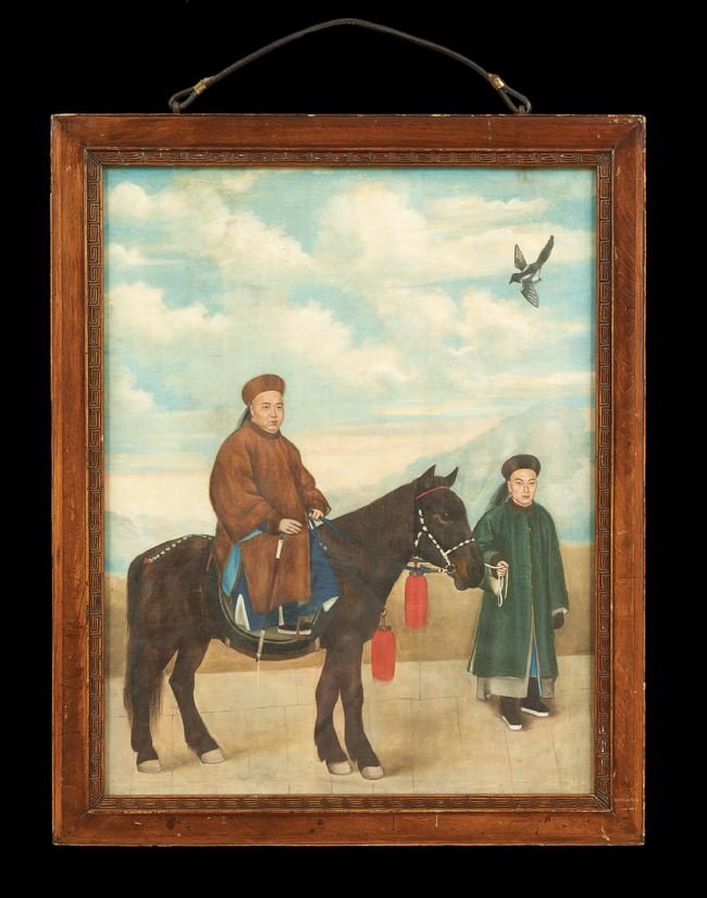 Chinese 19th-Century Gouache Painting: Chinese 19th-Century Gouache Painting of a Horseman and His Handler, sight 28-3/4" x 22". Glazed and handsomely framed.