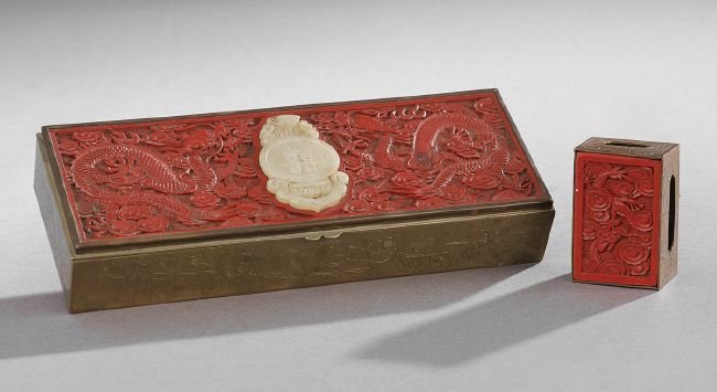 Two Faux Cinnabar and Jade Boxes: Two Faux Cinnabar and Jade Boxes, including a Chinese brass cigarette case, d. 3", l. 8-1/2"; and a matching box, d. 2-1/2", l. 2-3/4".