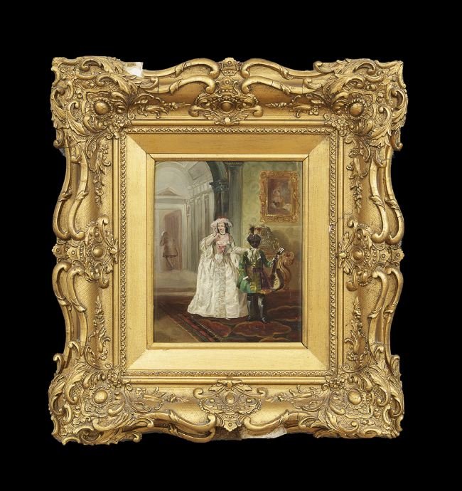 Continental School (Fourth Quarter 19th Century): Continental School (Fourth Quarter 19th Century), "Interior Scene with a Fashionable Lady and Her Blackamoor", oil on panel, signed lower left "F. Mora", 12" x 10". Presented in a rococo-style giltwoo