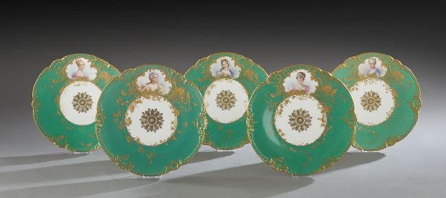 Five Sevres-Style Hand-Painted Plates: Set of Five Sevres-Style Hand-Painted Plates Depicting French Noblewomen, ca. 1900, the portraits signed "A. Brun" and identified on the reverse, retailed by Theodore B. Starr, New York, all with spur