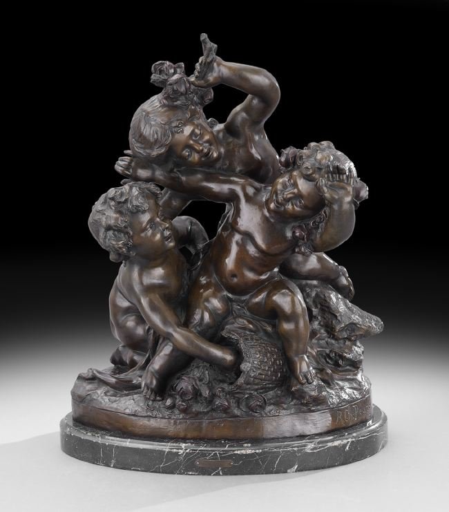 French Bronze Figural Grouping of Putti: French Bronze Figural Grouping of Three Putti Playing With a Flower Basket, First Quarter 20th Century after Raphael Charles Peyre (French, 1872-1949), mounted on a verde antique marble base, cast sig