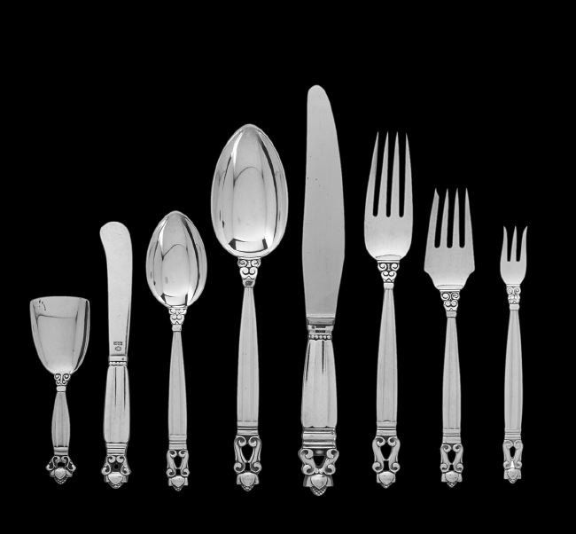 43-Piece Set of Jensen "Acorn" Sterling Flatware: Forty-Three-Piece Set of Georg Jensen "Acorn" Sterling Silver Flatware, the pattern designed in 1915 by Johan Rohde (1866-1935), Copenhagen, Denmark, including six dinner forks, l. 7-3/4", six salad f