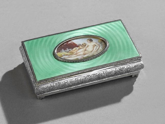 Continental Silver and Enamel Box: Continental Silver and Enamel Box, fourth quarter 19th century, of bulbous rectangular form, engraved with floral rococo banding and gilt interior, the hinged lid with green guilloche enamel centering