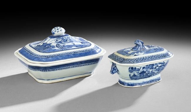 Two Pieces of Chinese Export Nanking Dinnerware: Two Pieces of Chinese Export Porcelain Nanking Dinnerware, including a covered vegetable tureen with an artichoke knop, h. 5", w. 9", d. 7-1/2", and a covered sauce tureen with boar's head handles and
