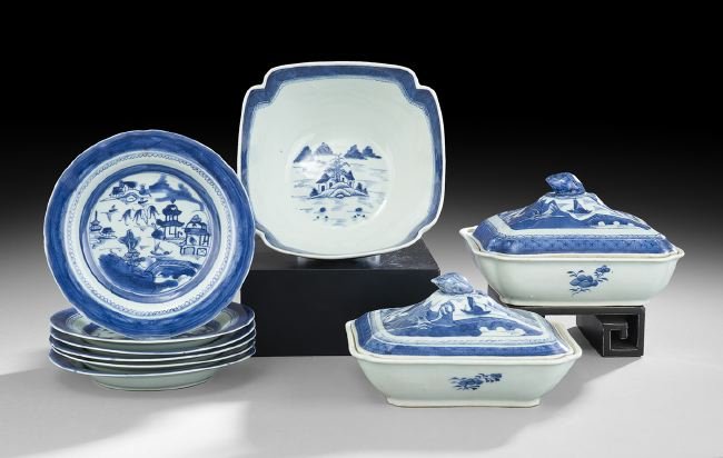 Nine Pieces of Chinese Export Canton Dinnerware: Nine-Piece Collection of Chinese Export Porcelain Canton Dinnerware, 19th century, comprised of a notched corner salad bowl, h. 5", w. 9", d. 9", an assembled pair of covered vegetable dishes, h. 5-3/