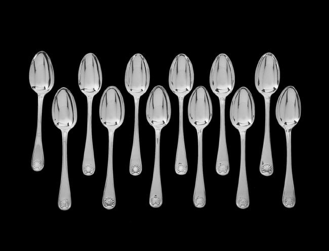 Twelve "Shell and Thread" Sterling Teaspoons: Assembled Set of Twelve Regency and Later "Shell and Thread" Sterling Silver Teaspoons, all London, including three hallmarked 1815 and four hallmarked 1819-1820, all by Eley & Fearn, two hallmarked 1