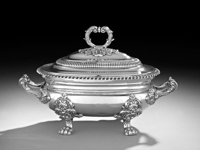 William IV Old Sheffield Plate Tureen: William IV Old Sheffield Plate Tureen, second quarter 19th century, of bulbous oval form, with gadrooned rim and robust reed-and-acanthus handles, the fitted, domed lid with gadrooned banding and cent