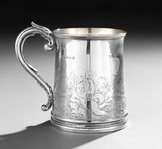Good Victorian Sterling Silver Mug: Good Victorian Sterling Silver Mug, hallmarked London, 1867-1868, by Mappin and Webb, of tapering cylindrical form, the lower half decorated with a finely engraved continuous scene of aquatic putti am