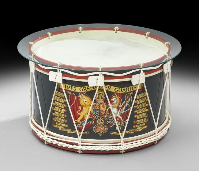 English Paint-Decorated Drum Table: English Paint-Decorated Drum Table, from the Grenadier Guards, decorated with royal arms of Great Britain and composed of wood, tin, rope and other materials, finished with a glass top, h. 16-1/4", di