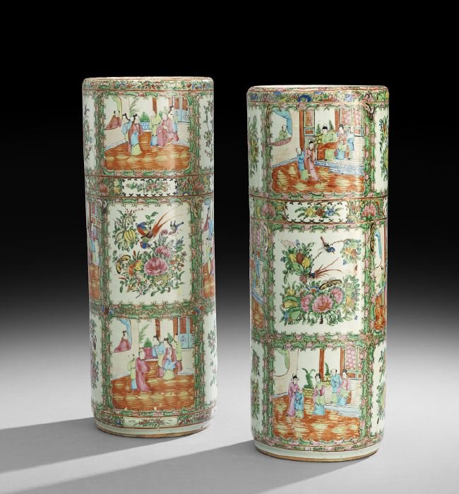 Pair of Chinese Rose Medallion Umbrella Stands: Pair of Chinese Rose Medallion Umbrella Stands, ca. 1900, decorated with complex mandarin scenes, alternating with floral panels, h. 24", dia. 9".
