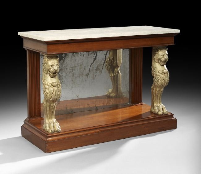 Regency-Style Mahogany Pier Table: Regency-Style Mahogany, Marble and Composition Pier Table, the rectilinear marble top over a conforming frieze, on lion-headed monopodal supports, the back with a mirror plate flanked by reeded pilast