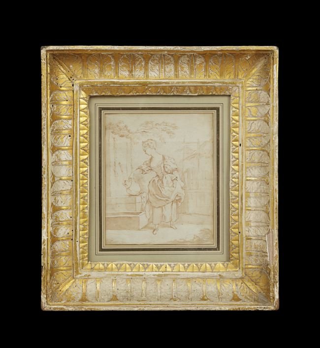 Follower of Francois Boucher (French, 1703-1770): Follower of Francois Boucher (French, 1703-1770), "Girl at the Well", ink wash on laid paper, unsigned, blind stamped "VWN" (ex-collection of V. Winthrop Newman), sheet size 6" x 5". Glazed, French-ma