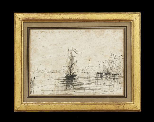 Attributed to Felix Ziem (French, 1821-1911): Attributed to Felix Ziem (French, 1821-1911), "Harbor Scene", ink and wash on paper, unsigned, sight 7-3/4" x 11-1/4". Glazed, French-matted and presented in a giltwood frame.