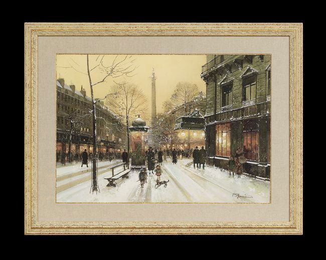 Paul Renard (French, 1941-1997): Paul Renard (French, 1941-1997), "Winter Street Scene", watercolor on paper, signed lower right, sight 20-1/4" x 28-3/4". Framed.