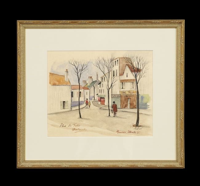 French School (Second Quarter 20th Century): French School (Second Quarter 20th Century), "Place du Tertre, Montmartre", watercolor on paper, titled lower left, bearing a signature lower right "Maurice Utrillo V.", sight 10-3/8" x 12-1/2". Glaze