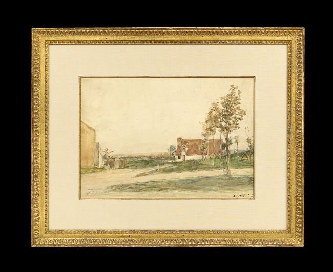 Johan Barthold Jongkind (Dutch/French, 1819-1891): Johan Barthold Jongkind (Dutch/French, 1819-1891), "Landscape with Houses", watercolor on paper, signed lower left, verso with "The Burlington Trust, Lynn, MA" label, printed with the artist's name, t