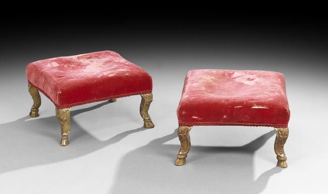 Pair of French Giltwood Footstools: Pair of French Giltwood Footstools, ca. 1900, the velvet-covered stools with loose velvet cushions, on cabriole legs with hoof feet, labeled "Loigrault & Fils, Paris, Sculpters", h. 10-1/4", w. 12-1/2