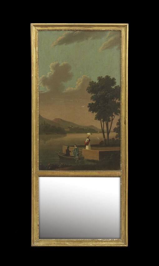 French Neoclassical-Style Trumeau Mirror: French Neoclassical-Style Trumeau Mirror, ca. 1900, the coved giltwood frame lined in beading, and set with a rectangular mirror plate below a landscape depicting three people departing a boat on a la
