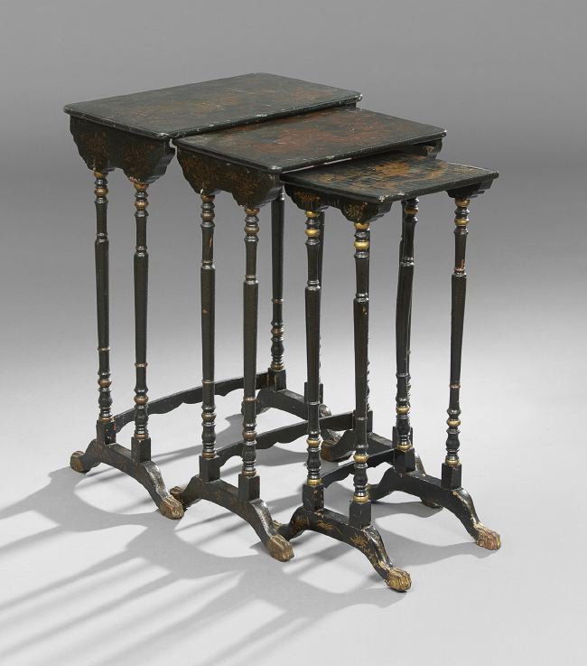 Suite of Three Victorian Ebonized Nesting Tables: Suite of Three Victorian Ebonized Nesting Tables, third quarter 19th century, each with a rounded rectangular top with a polychrome oriental scene, raised on three ring-turned supports to runner feet,