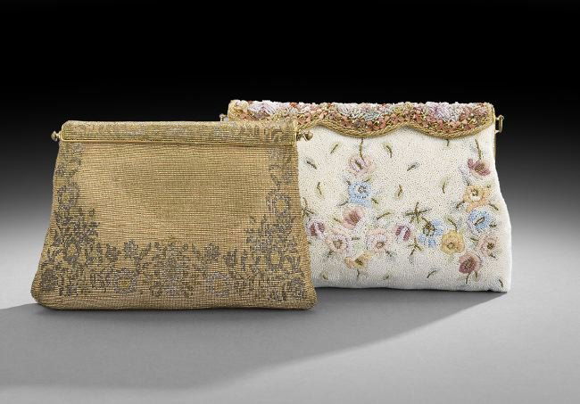 Two Vintage Caviar-Beaded Frame Handbags: Two Vintage Caviar-Beaded Frame Handbags, the first gold- and silver-beaded with a gold frame and hinged beaded flip-over bar closure, the gold satin-lined interior with a slip pocket, with an interch