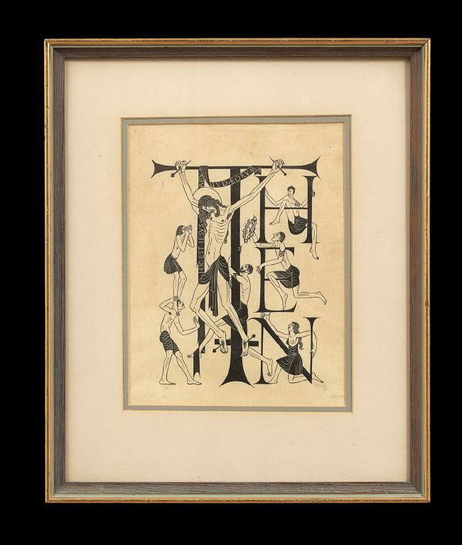 Eric Gill (British, 1882-1940): Eric Gill (British, 1882-1940), "Ethel" and "The Crucifixion", two wood engravings, the latter signed lower right and numbered lower left "7/10", former sight 21-1/2" x 9-1/2", latter sight 10-3/4" x