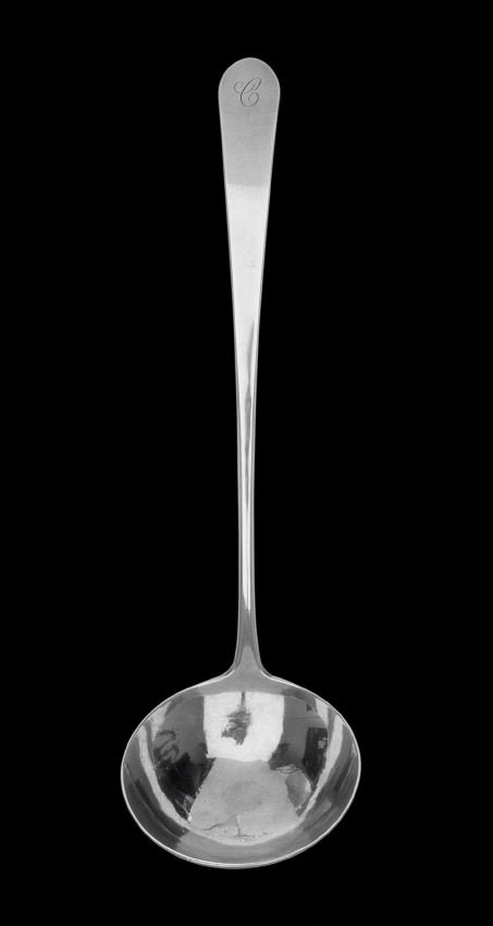 Federalist Virginia Coin (.892) Silver Ladle: Federalist Virginia Coin (.892) Silver Ladle, ca. 1800, by William Richardson (1755-1809), Richmond, with plain spatulate handle and circular bowl, monogrammed "C", l. 12-1/2", 5.14 t. oz. Provenance:
