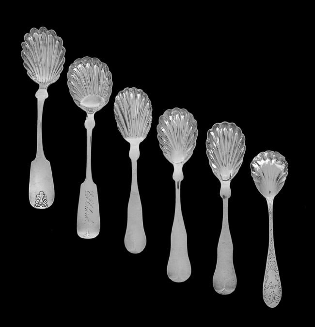 Six American Coin Silver Sugar Shells: Collection of Six American Coin (.900) Silver Sugar Shells, third quarter 19th century, including a pair of up-tipt double swell fiddle examples by Alvah Skinner and James Sweet, active 1846-1857, Bos