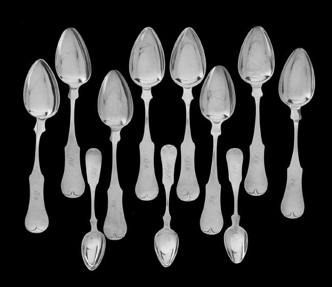 11 Louisville and Cincinnati Coin Silver Spoons: Eleven Louisville, Kentucky and Cincinnati, Ohio Coin (.900) Silver "Fiddle Tipt" Spoons, third quarter 19th century, including Louisville pieces: five tablespoons by Henry Fletcher (1789-1866), monog