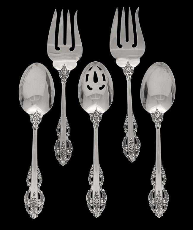 Five "El Greco" Sterling Serving Pieces: Five Reed & Barton "El Greco" Sterling Silver Serving Pieces, the pattern introduced in 1972, Taunton, Massachusetts, including two tablespoons, l. 8-1/2", a slotted tablespoon, l. 8-1/2", and two ser