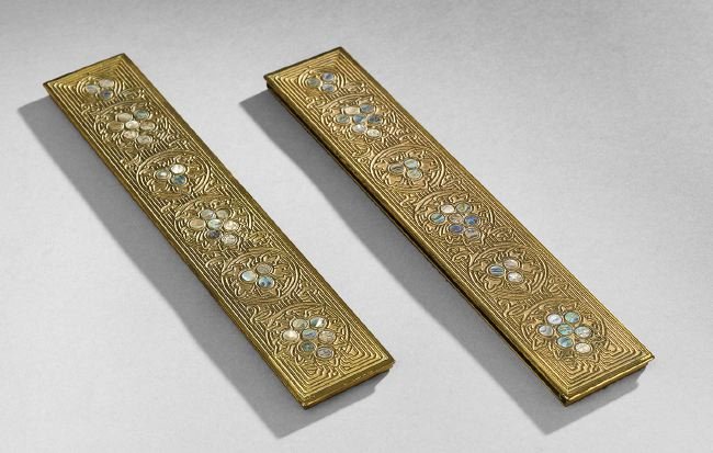 Tiffany Gilt-Bronze "Abalone" Blotter Ends: Pair of Tiffany Studios Gilt-Bronze "Abalone" Blotter Ends, first quarter 20th century, signed "Tiffany Studios, New York, 1153", w. 2-1/4", l. 12".