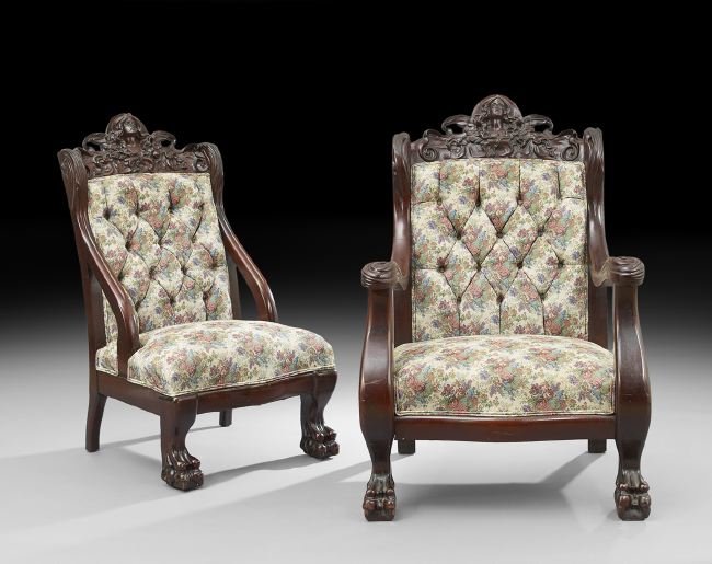 Art Nouveau Three-Piece Mahogany Parlor Suite: American Art Nouveau Three-Piece Mahogany Parlor Suite, ca. 1900, attributed to S. Karpen and Bros. Furniture, Chicago, Illinois, comprised of a settee, h. 97-1/2", w. 58", d. 35", an armchair, h. 45"
