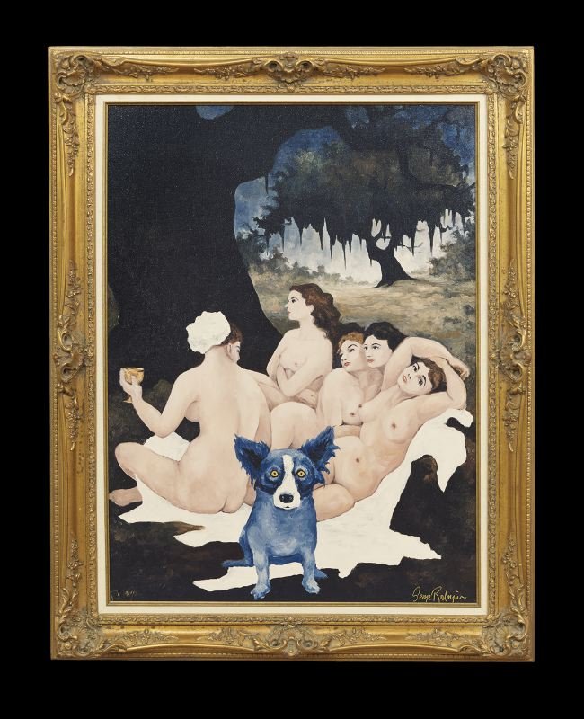 George Rodrigue (American/Louisiana, b. 1944): George Rodrigue (American/Louisiana, b. 1944), "Right Place, Wrong Time", 1992, direct image transfer on canvas, signed lower left, signed in plate lower right, 48" x 36". Framed.