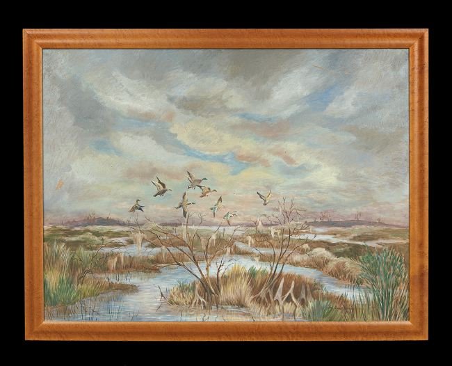 Ben Earl Looney (American/Louisiana, 1904-1981): Ben Earl Looney (American/Louisiana, 1904-1981), "Mallards in Flight", oil on masonite, signed lower right, 30" x 40". Framed.