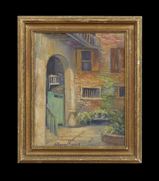 Alberta Kinsey (American/New Orleans, 1875-1952): Alberta Kinsey (American/New Orleans, 1875-1952), "New Orleans Courtyard", oil on board, signed lower left, 14" x 11-1/2". Framed.
