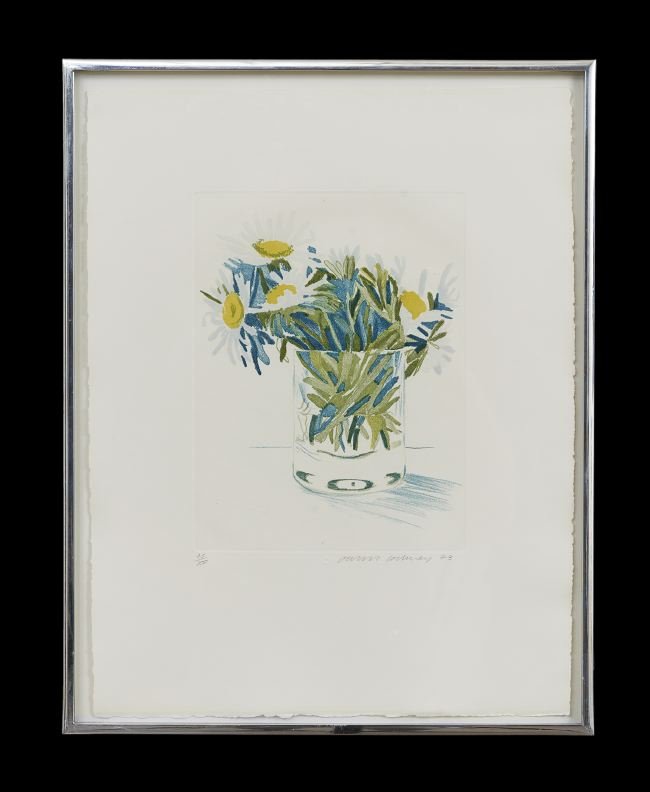 David Hockney, R.A. (British, b. 1937): David Hockney, R.A. (British, b. 1937), "Glass Vase with Blue and Yellow Flowers", 1973, etching with aquatint, numbered "45/100" in pencil lower left, signed and dated in pencil lower right, sheet 16