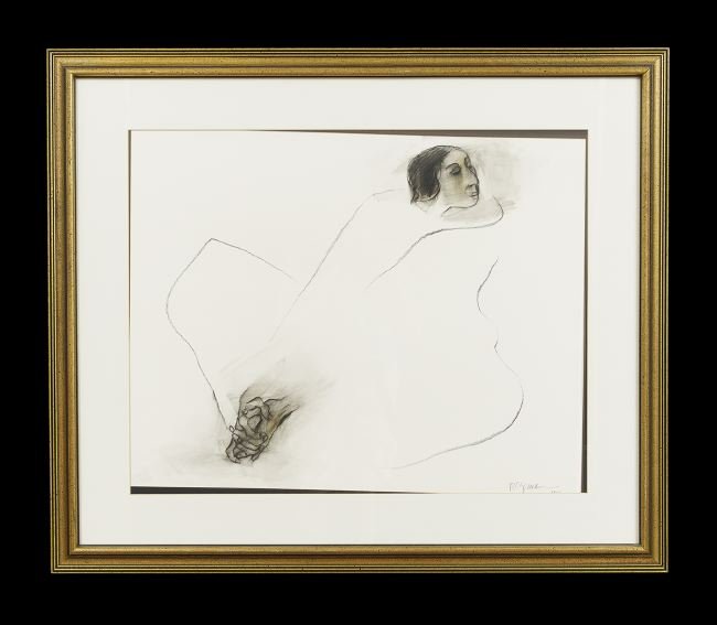 R. C. Gorman (Native American/Navajo, 1932-2005): R. C. Gorman (Native American/Navajo, 1932-2005), "Repose", 1977, graphite and watercolor on paper, signed and dated lower right, sight 22" x 28-1/2". Matted, glazed and framed.